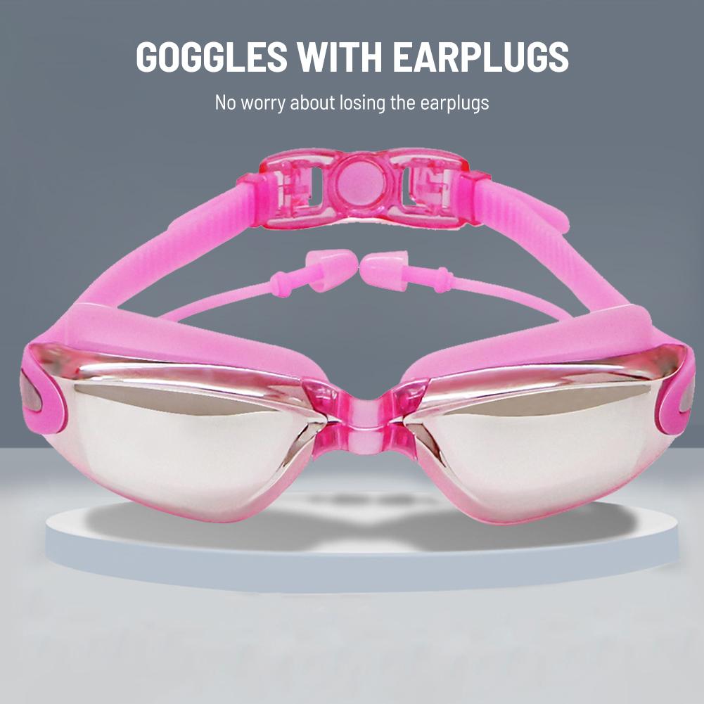 Swimming Goggles with Attached Earplugs Anti-Fog No Leaking Comfortable Electroplated Swim Goggles with Box