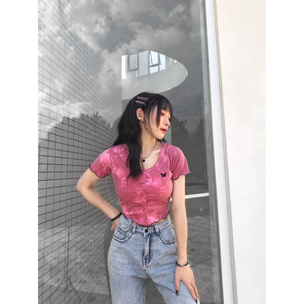 Áo Croptop Nữ Tay Ngắn Tiedye Butterfly In Loang Màu Ulzzang (Ảnh Thật