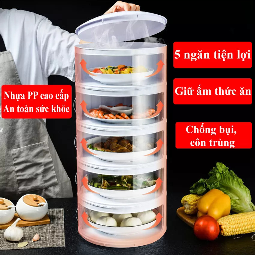 Lồng bàn giữ nhiệt 5 tầng đa năng - lồng bàn giữ nhiệt thực phẩm - hộp đựng đồ ăn chống bụi, côn trùng - lồng bàn đậy thức ăn giữ nhiệt nhiều tầng - hộp đựng thức ăn