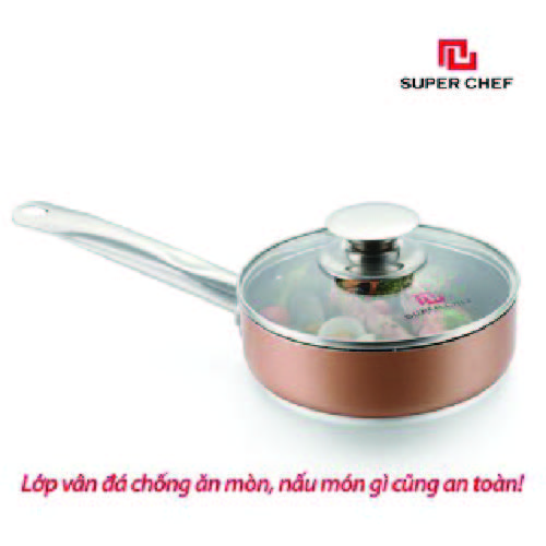 Nồi Vân Đá Chống Dính Đáy Từ Super Chef 16cm Siêu Bền Kèm Nắp Kính