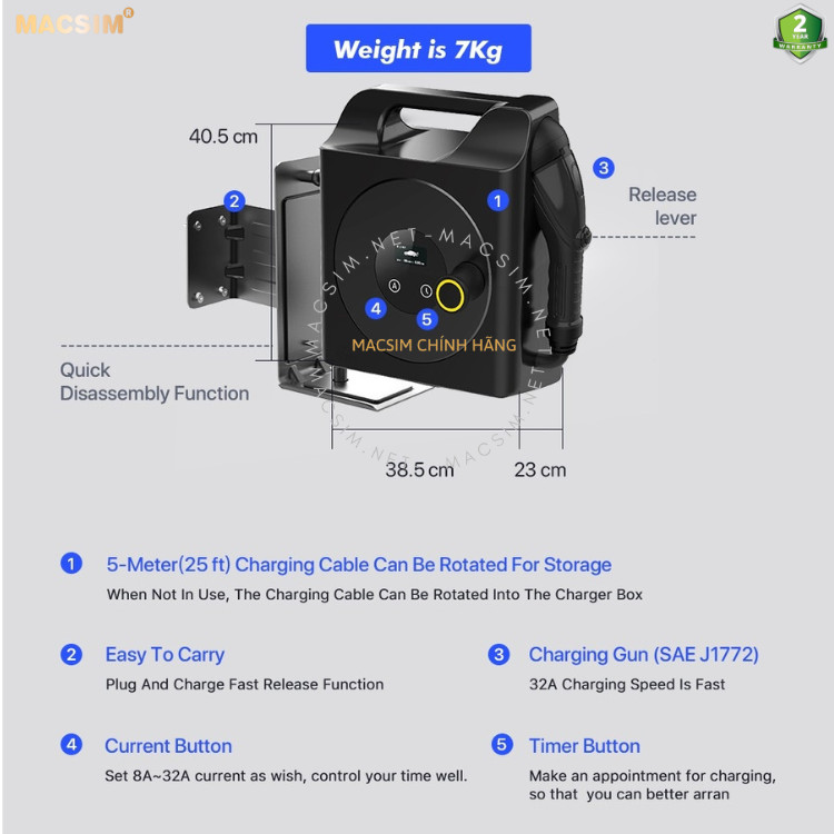 Sạc di động cao cấp ô tô điện Vinfast e34 - Sạc di động cao cấp ev 3,68KW (6-16A) chính hãng Macsim