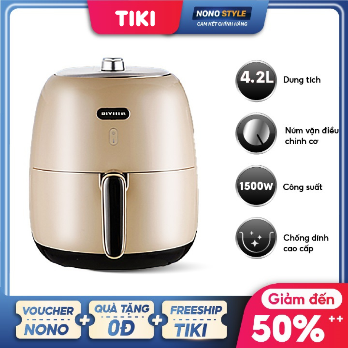 Nồi Chiên Không Dầu Cơ BIYI AF-80 - Nút điều chỉnh nhiệt độ & thời gian cơ phong cách retro - Hàng chính hãng