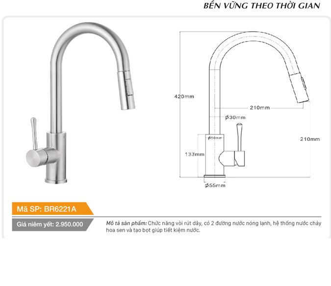 Vòi rút dây cổ tròn nóng lạnh inox Tundo BR6221A Boss 420*55*210 mm