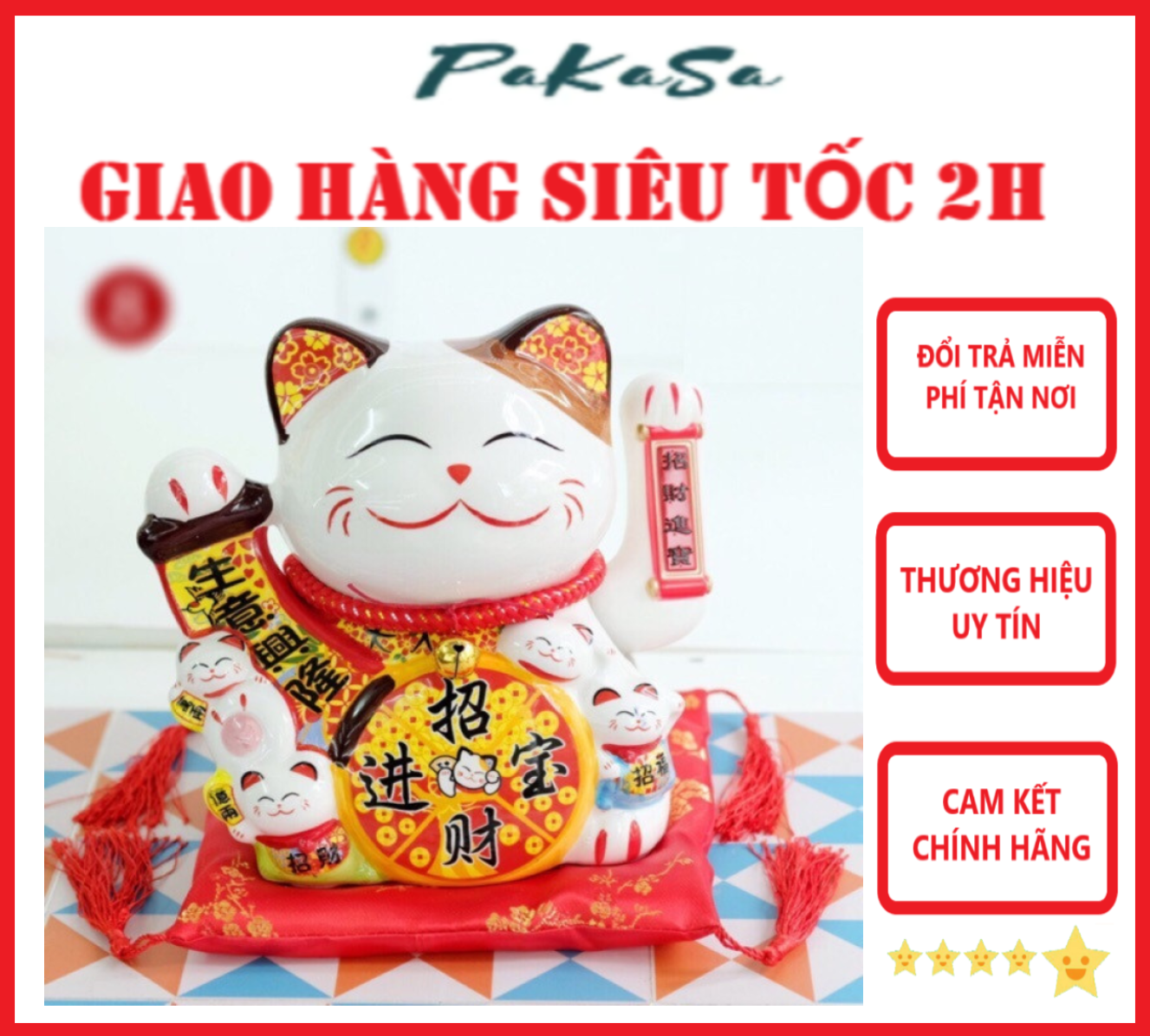 Mèo Thần Tài Maneki Neko Vẫy Tay Chiêu Tài Lộc Bằng Gốm Sứ Tặng Kèm Túi Lót PaKaSa - Hàng Chính Hãng