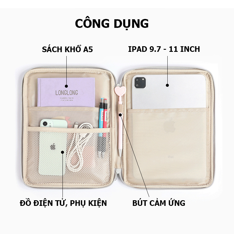 Túi Bảo Vệ, Chống Sốc Dành Cho Ipad, Máy Tính Bảng; Nhiều Ngăn Chứa Phụ Kiện; Phù Hợp Dòng Máy 9,7 / 10,5 / 11 Inch - Hàng Nhập Khẩu