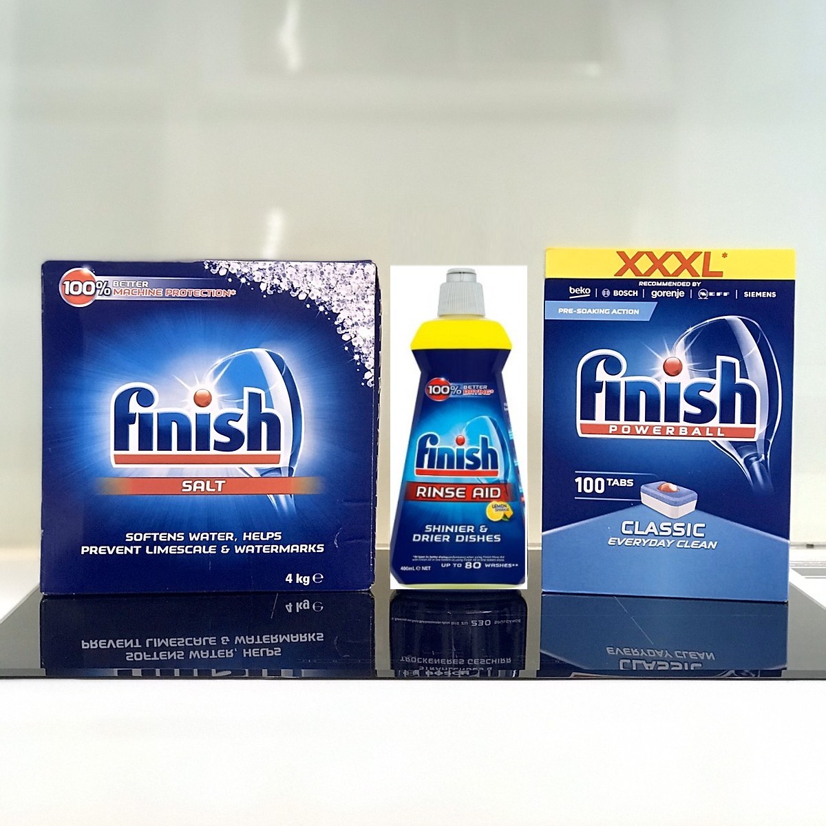 Combo Viên rửa bát Finish Classic 100 viên + Muối Finish 4.0kg + Nước làm bóng Finish 400ml