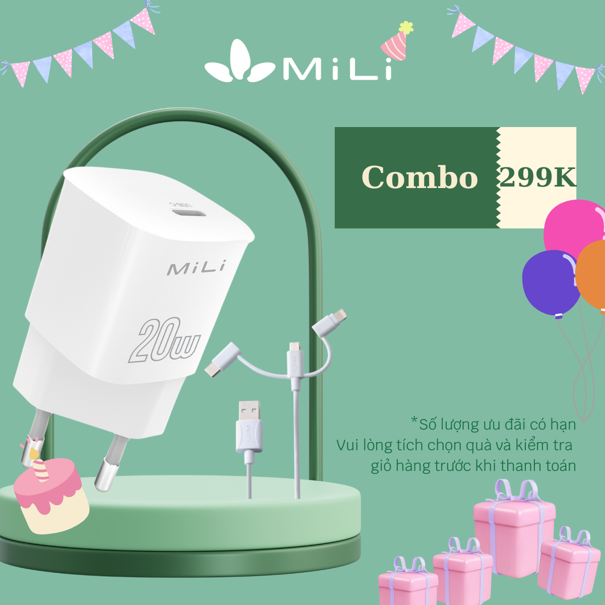 Combo sạc nhanh MILI PD 20W - HC-H26 và Cáp 3 trong 1 MiLi - HI-L31- Hàng Chính Hãng