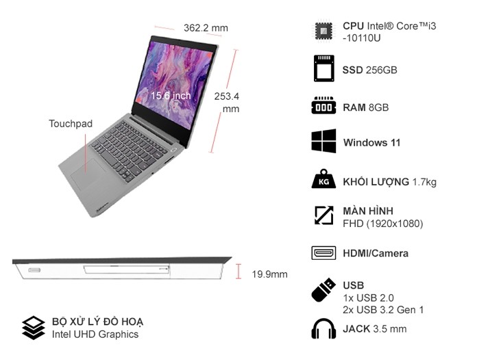Laptop Lenovo Ideapad 3 15IML05 i3-10110U 8GB/256GB/Win11 81WB01DXVN