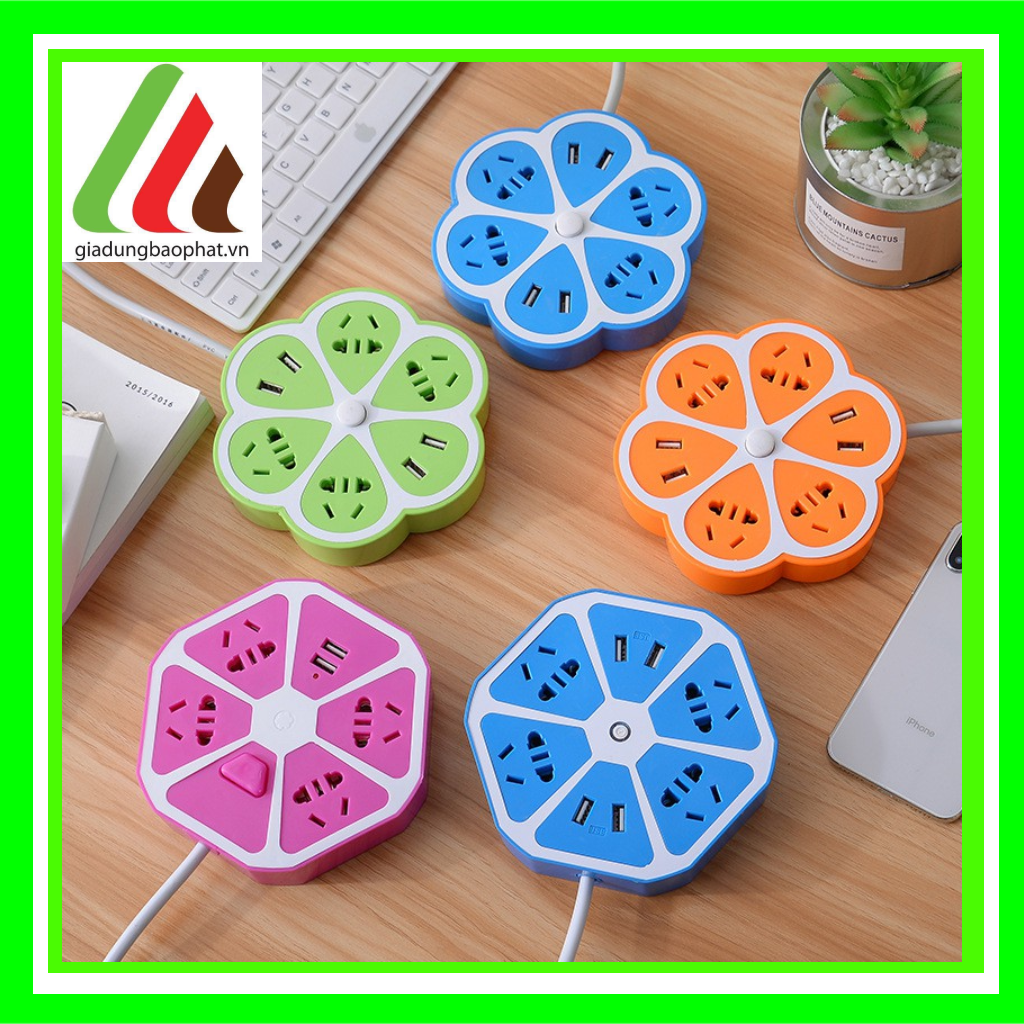 Ổ cắm điện lục giác 4 lỗ phích cắm 2 chấu 3 chấu và 2 cổng USB đa năng trang trí đèn led