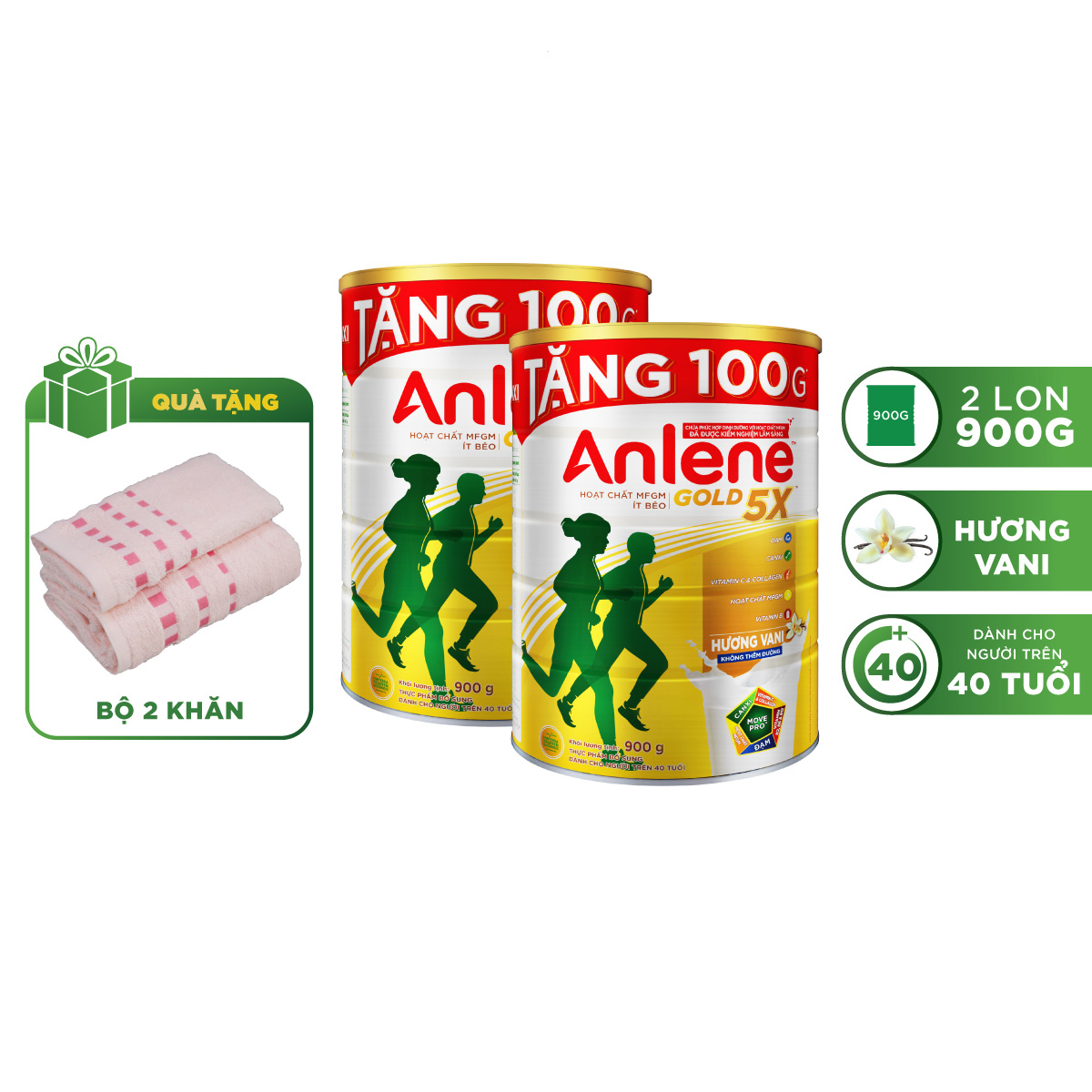 Combo 02 Sữa Bột Anlene Gold 5X Hương Vanilla (Hộp thiếc 900g) - Tặng bộ 2 khăn Anlene (Màu ngẫu nhiên)