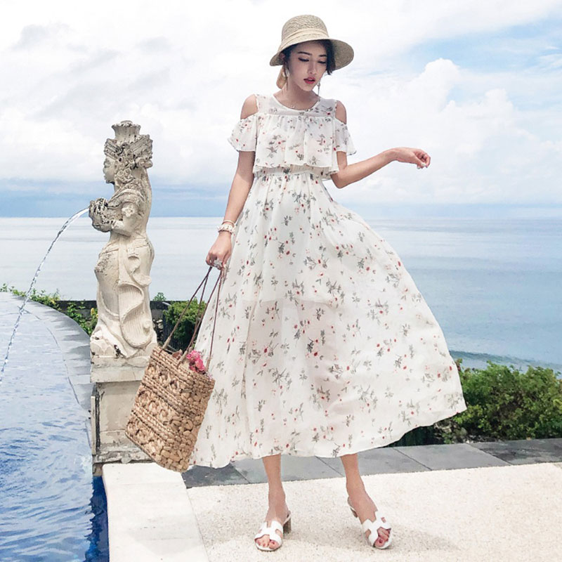 Đầm Đi Biển, Váy Đi Biển, Váy Maxi Đi Biển, Đầm Nữ Maxi Đi Biển, Đầm Hoa Nhí Trắng 2 Tầng Tà Xoè Rộng Phong Cách Trẻ Trung - OQA054 - Ope Store