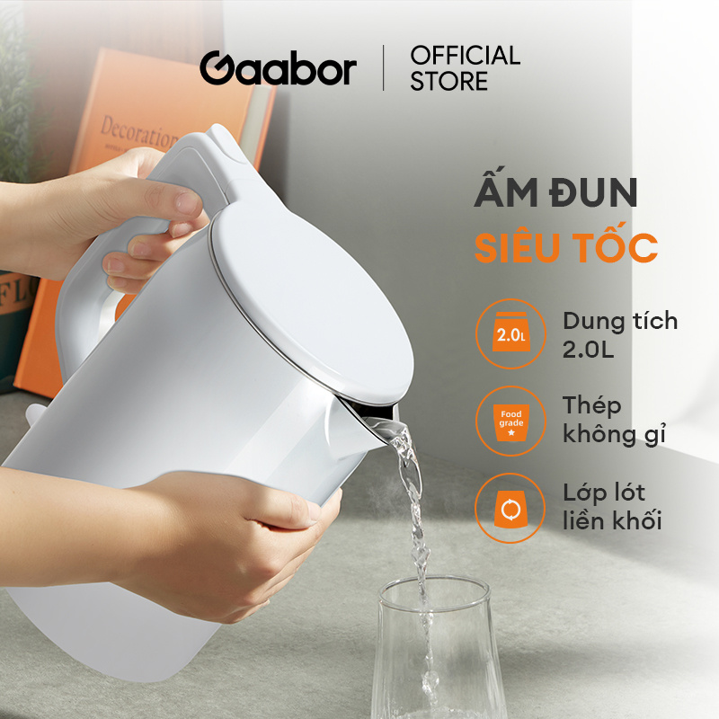 Bình đun nước siêu tốc Gaabor EK20M-WH01A 2L công suất 1500W cao cấp dễ vệ sinh - Hàng chính hãng