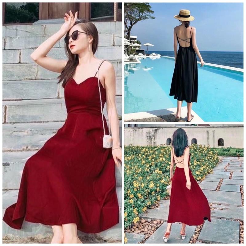 Đầm váy hai dây đi biển chéo dây sau 2 màu