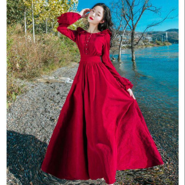 Đầm maxi von tay dài váy xòe, váy tiểu thư đỏ chụp ảnh du lịch váy dài