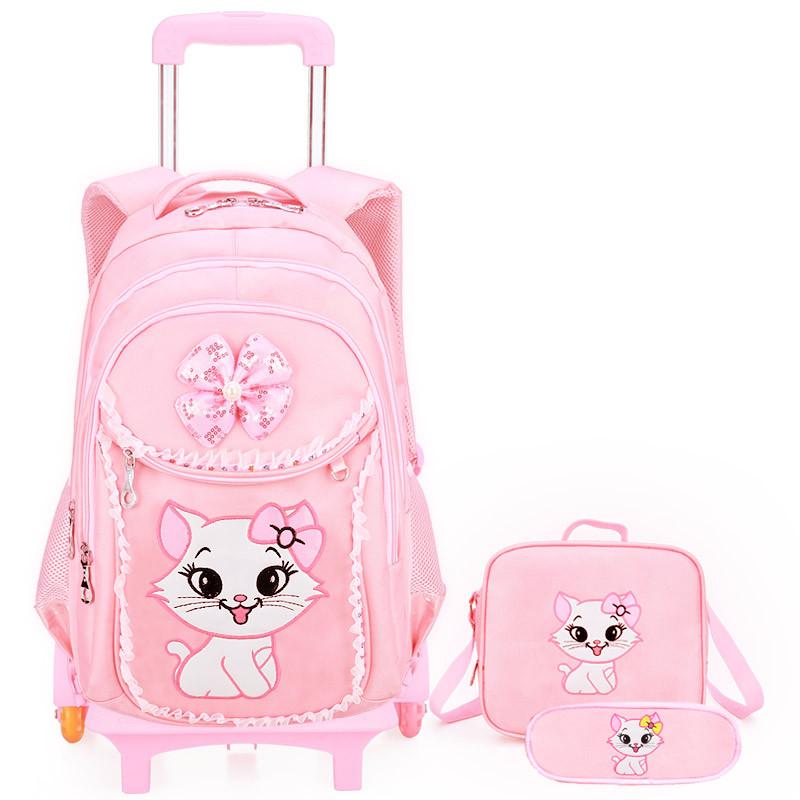 Có Thể Tháo Rời Trẻ Em Học Túi Xe Đẩy Ba Lô Đi Học Bộ Bánh Xe Học Grils Hoạt Hình Mèo Lô Trẻ Em Công Chúa Schoolbag