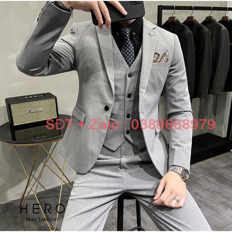 Bộ Vest Nam Cao Cấp màu Ghi Xám chất vải dày dặn, Bộ Suit Nam Hàn Quốc Màu Ghi Xám