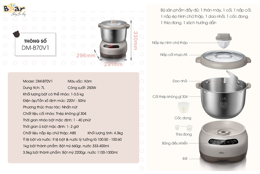 Máy Trộn Bột Đánh Trứng Tự Động Bear SJJ-B10Q11 Chống Dính Bột Dung Tích 5 Lít Công Suất 1000 W - Hàng Nhập Khẩu