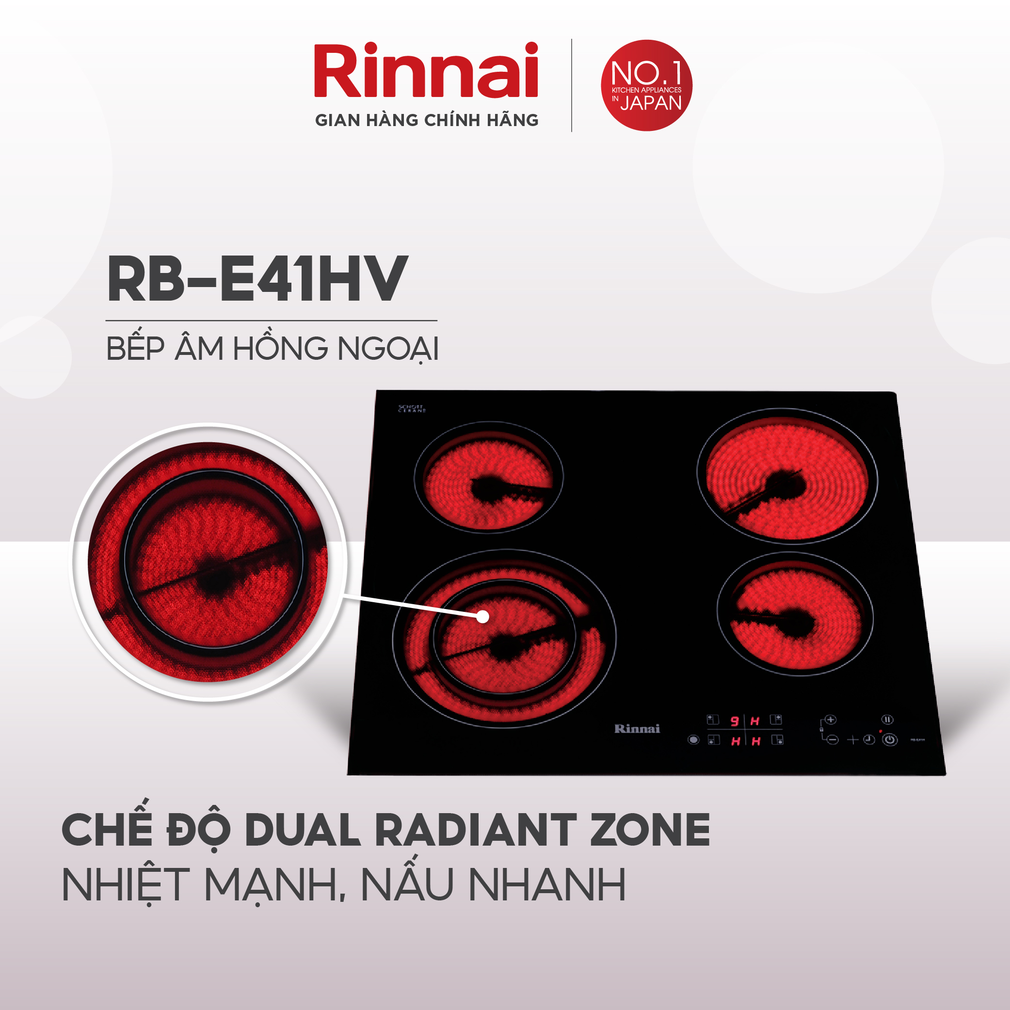 Bếp hồng ngoại Rinnai RB-E41HV mặt kính Schott 6000W - Hàng chính hãng.