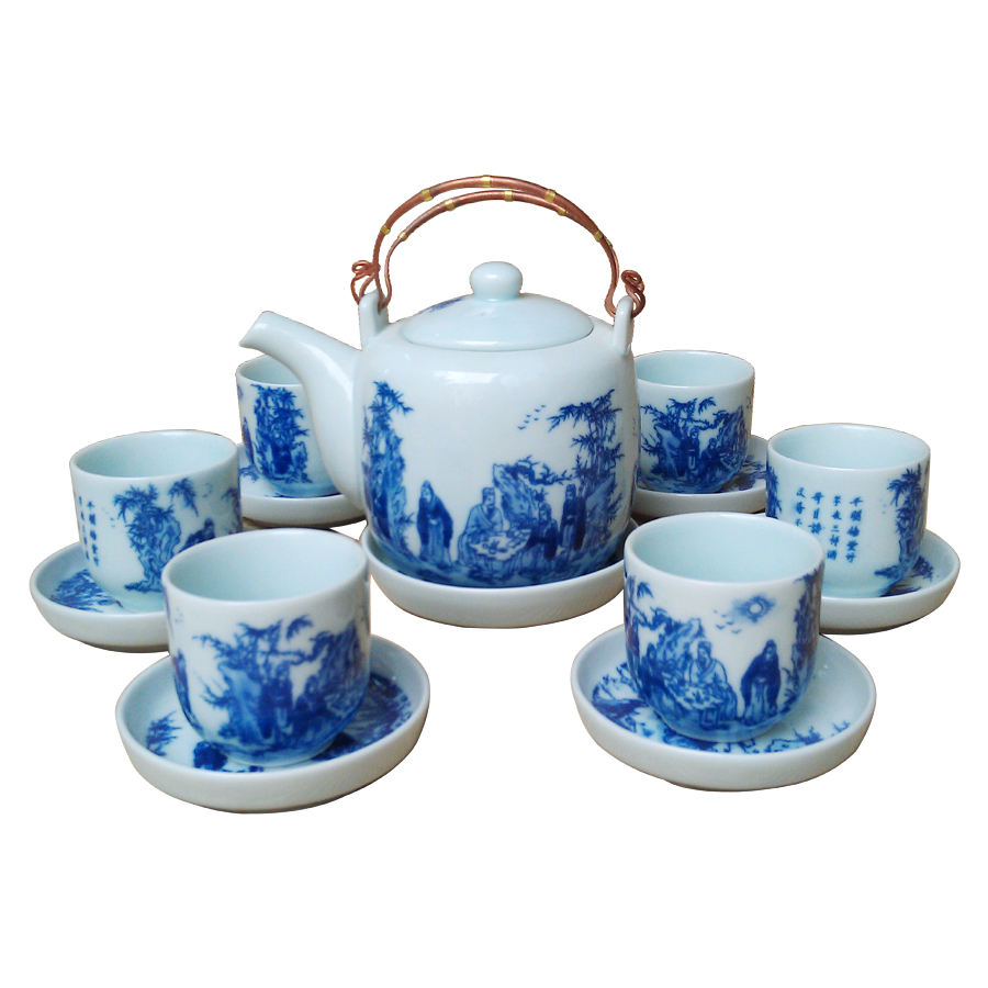 Bộ ấm chén men lam số 1 cỡ lớn gốm sứ Bát Tràng