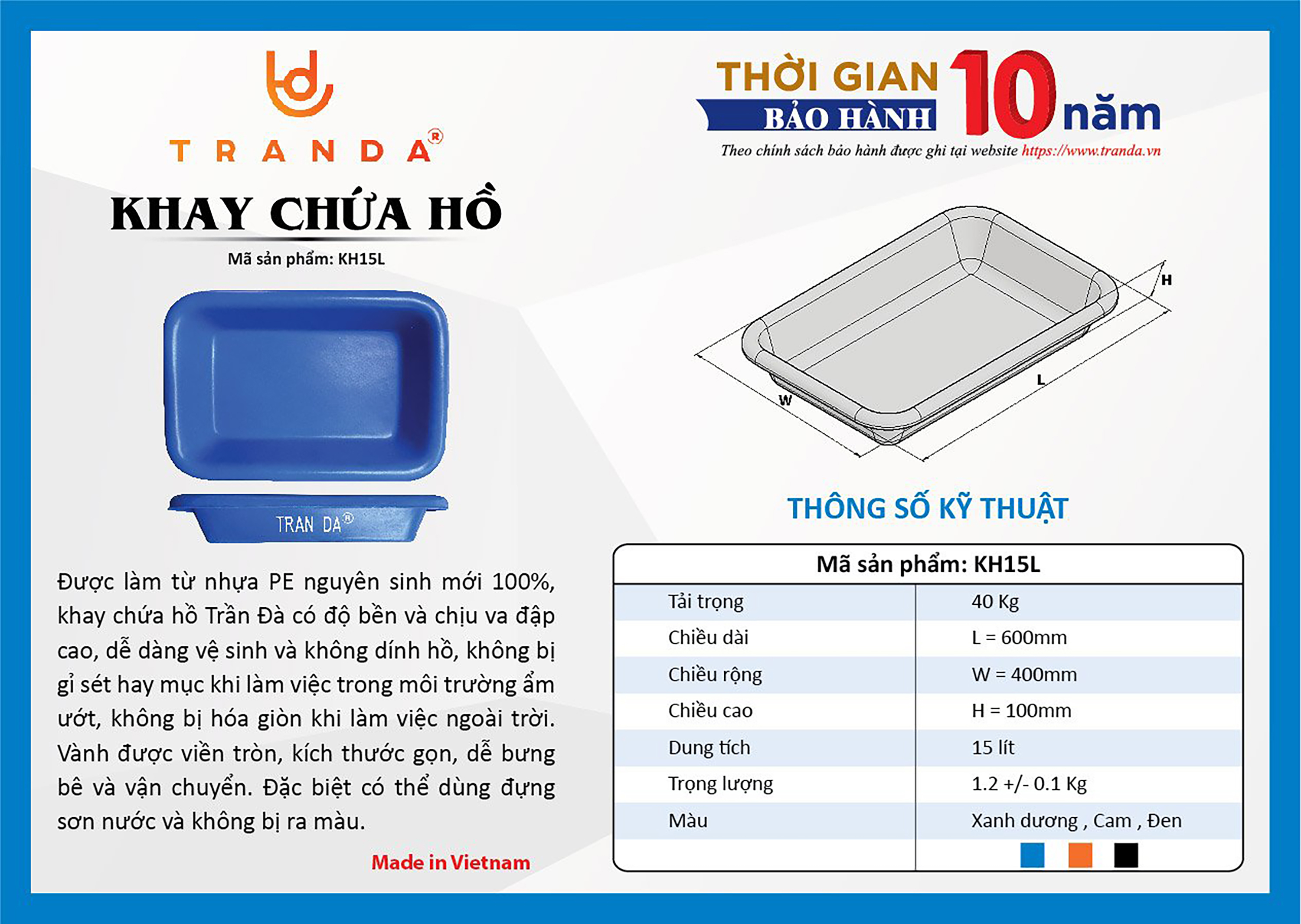 Khay chứa hồ bằng nhựa, hiệu TranDa, dung tích 15 lít, tải trọng 40kg