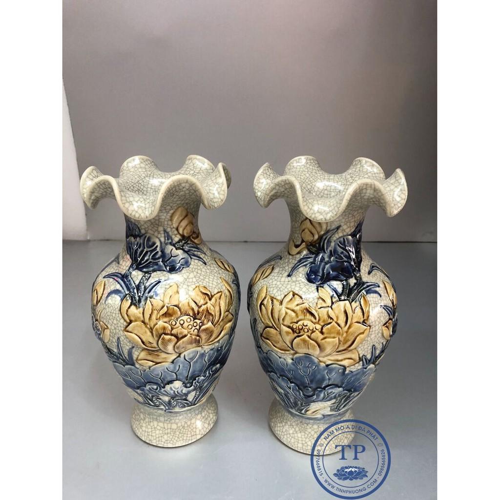 Combo 2 chiếc Lọ hoa thờ hoa sen men rạn cổ loe -TL336