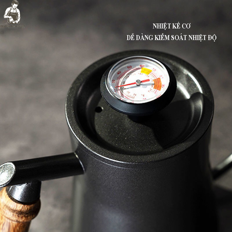 Ấm Cổ Ngỗng Pha Cà Phê Tay Gỗ Có Nhiệt Kế 600ml