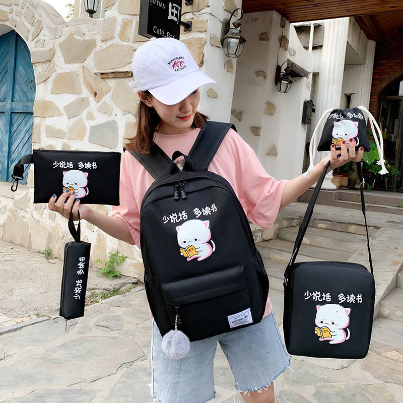 Balo nữ combo 4 món đi học thời trang Cặp- Balo sinh viên học sinh đa năng mèo đọc sách cute ulzzang