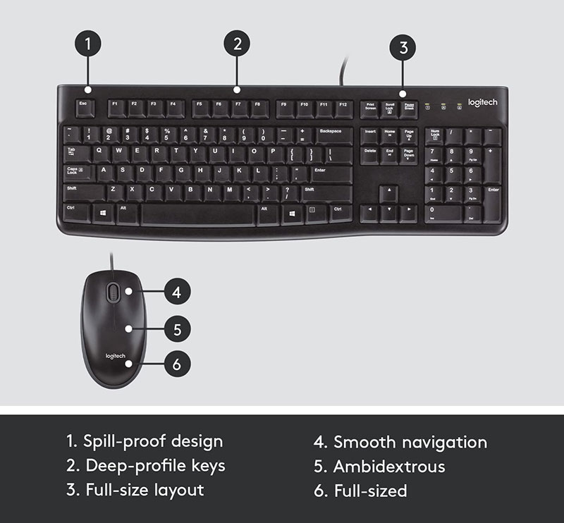 Bàn phím chuột có dây Logitech MK120 Thiết kế chống đổ tràn, có kích thước đầy đủ kèm bàn phím số, bền bỉ - Hàng Chính Hãng