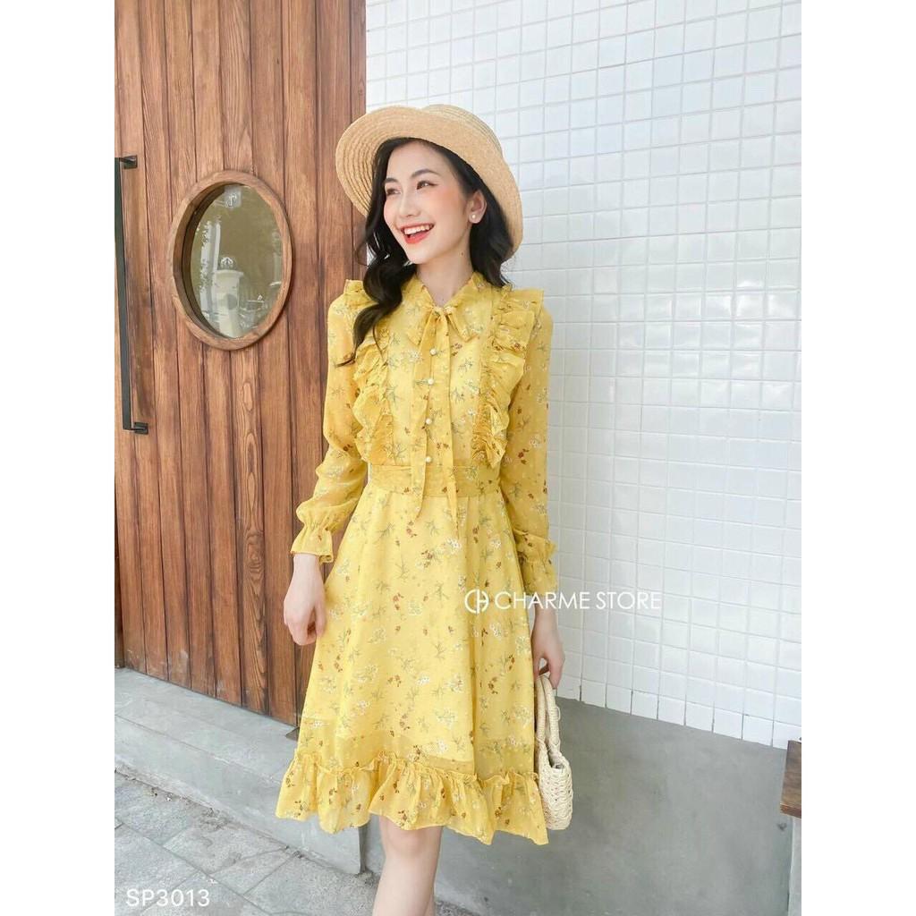 Đầm dáng xòe cột nơ bèo tay dài thời trang cao cấp - Chất voan mền , mặc mát
