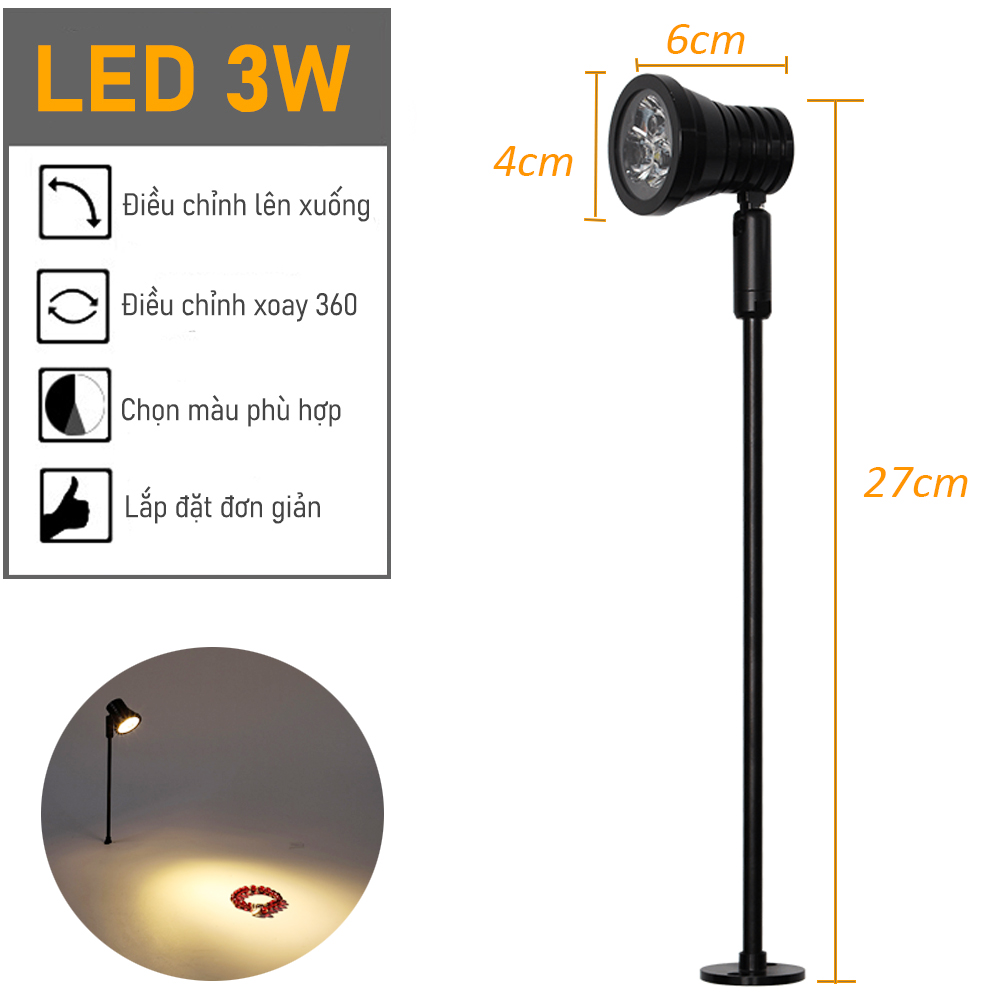 Đèn rọi Tủ kính trung bày sản phẩm 3 bóng Led 3W, Ánh sáng vàng chiếu điểm, Thân đèn Kim loại xoay 360°