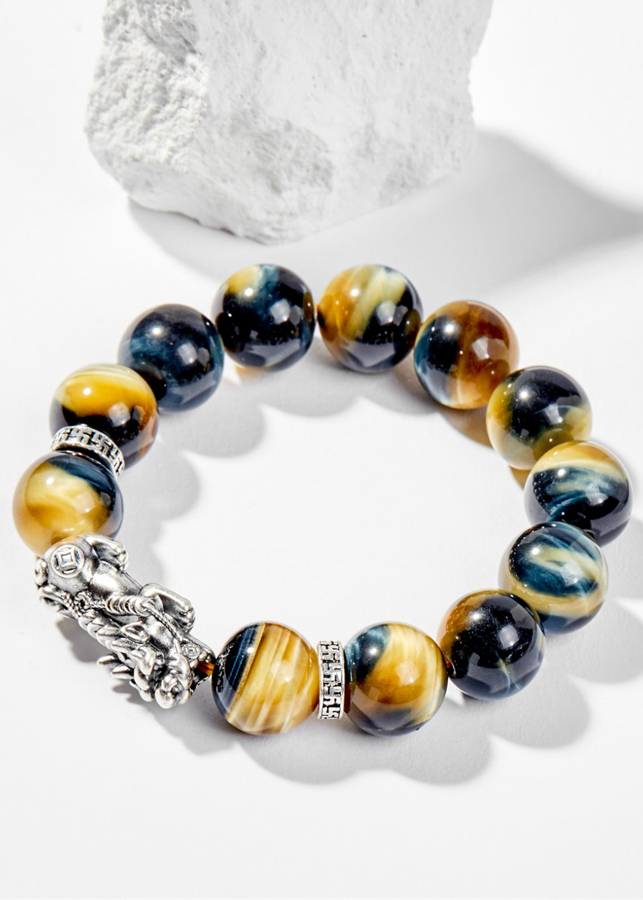 Vòng Tay Phong Thủy Nam Đá Mắt Chim Ưng Phối Charm Tỳ Hưu Bạc  Mệnh Thủy, Mộc Ngọc Quý Gemstones