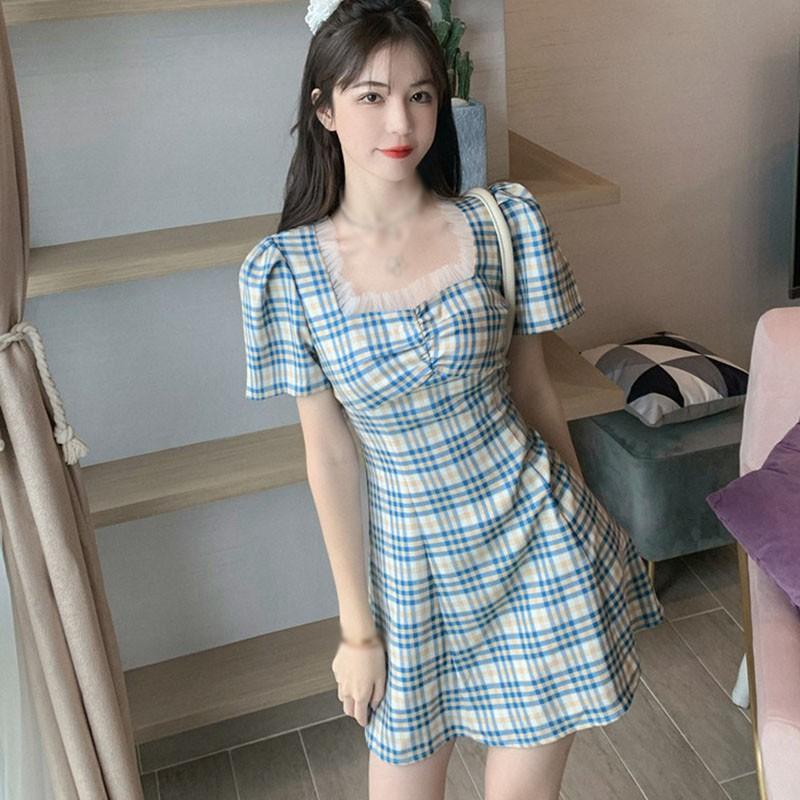 Đầm Ca Rô Tay Phồng Xinh Xắn Cổ Điển Dành Cho Nữ