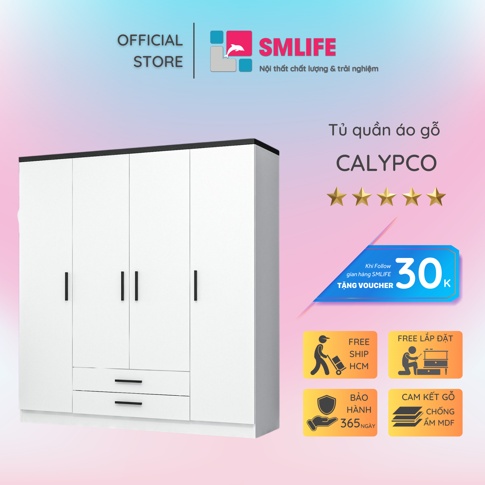 Tủ quần áo gỗ hiện đại SMLIFE Calypco | Gỗ MDF dày 17mm chống ẩm | D180xR52xC190cm