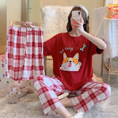 Bộ đồ bận nhà hoạt hình thun cotton mát siêu đáng yêu gồm 1 áo 1 quần ngắn 1 quần dài BK10