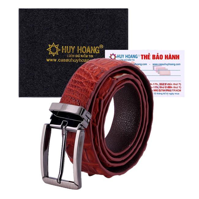 HC4834 - Dây nịt nam da cá sấu Huy Hoàng gai đuôi 3,5P đầu kim màu nâu đỏ
