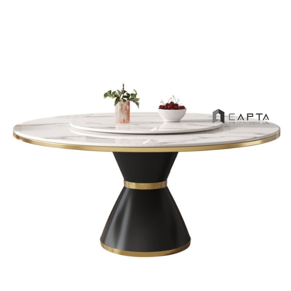 Bàn ăn 2 mặt đá tròn xoay TN Jupiter 3A-135E Nội thất Capta Bàn nhà hàng phòng ăn cao cấp chân viền inox vàng nhập khẩu