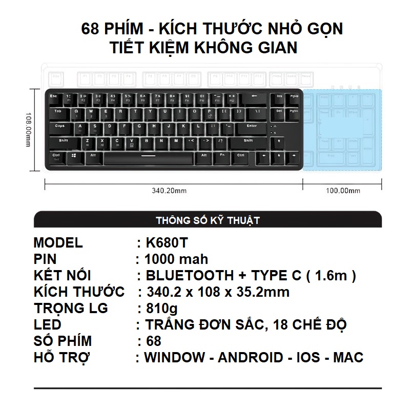 Bàn Phím Cơ K900 Gaming - Led xuyên phím có hotswap cho máy tính , laptop