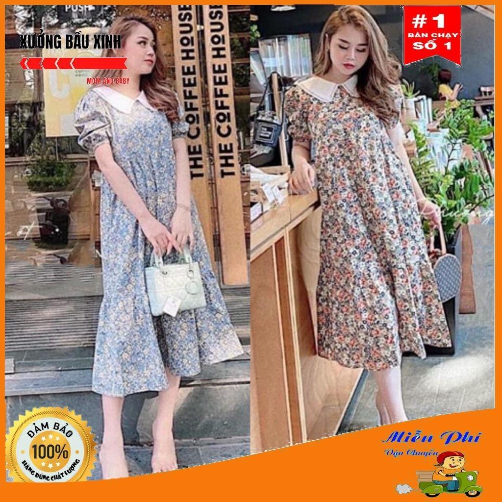 Váy bầu thiết kế xuông cổ bèo chất lụa Hàn Châu freesize từ 45-70kg
