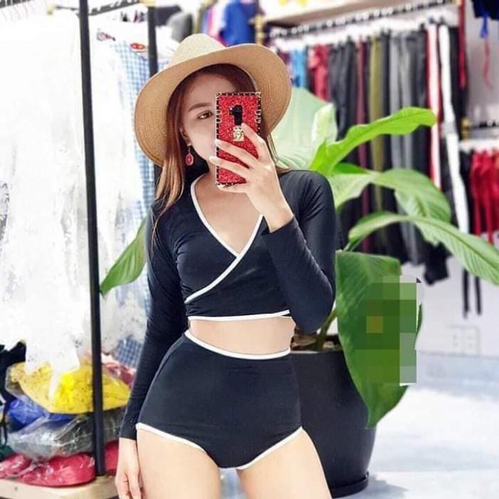 freeship Bikini 2 mảnh đen áo dài tay mặc đi biển