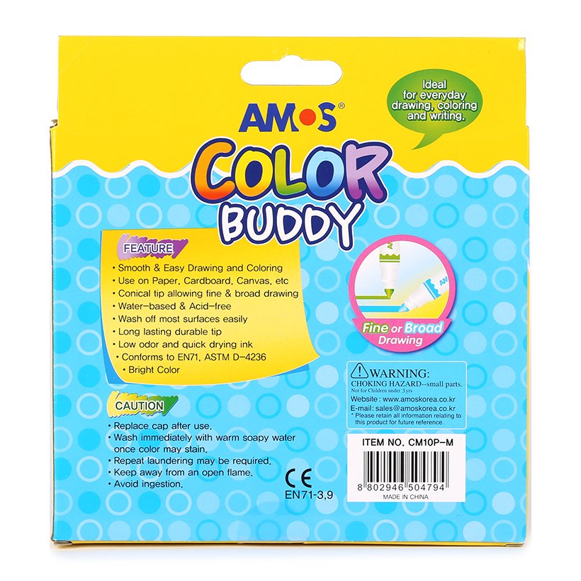 Bút Dạ Màu Loại Ngắn Amos Color Buddy CM10P-M (10 Bút/Hộp)