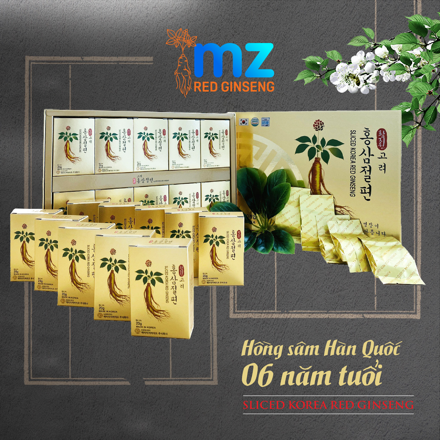 Hồng sâm lát Sliced Korean Red Ginseng hộp 200g, 10 gói x 20g