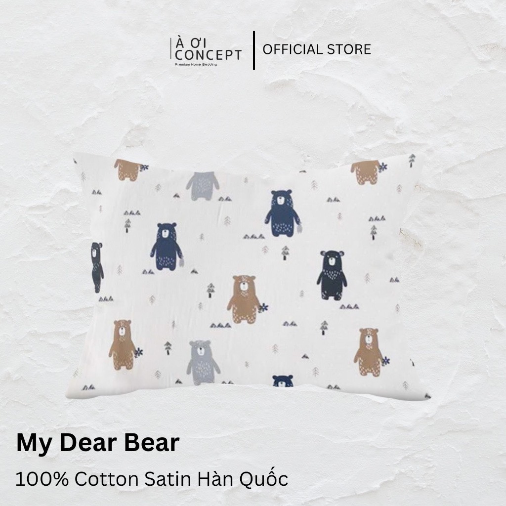 Vỏ Gối Cho Bé chất liệu Cotton Satin Hàn Quốc Cao Cấp À Ơi Concept Màu Trơn Size 35x50 cm Êm Dịu Hỗ Trợ Cổ - Dino &amp; Trucks(Green)