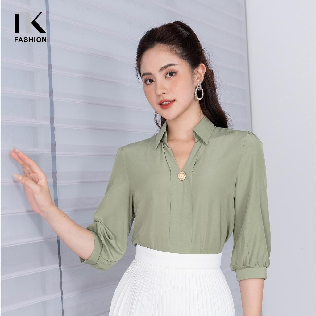 Áo Sơ Mi Nữ Tay Lỡ NK FASHION Thiết Kế Cổ Chữ V Vạt Dọc Độc Đáo Chất Vải Nhập Hàn Cao Cấp Không Nhăn Nhàu NKSM2206011
