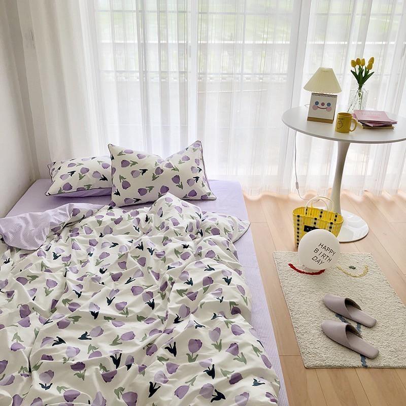 Bộ chăn ga gối Hàn Quốc tulip tím bo chun đủ kích thước