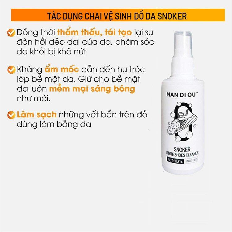 Chai vệ sinh đồ da 100ml Snoker giúp làm sạch, dưỡng ẩm chống mốc, kháng khuẩn giày, túi ví, áo, ghế da