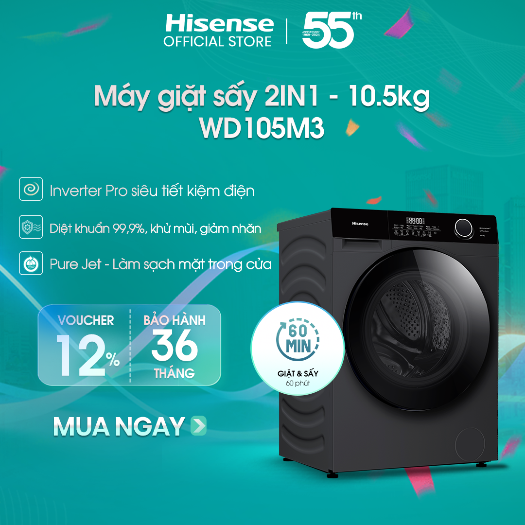 Máy giặt sấy Hisense Inverter Pro 10.5kg WD105M3 giặt thông minh AI, điều khiển từ xa, bảo hành 3 năm - HÀNG CHÍNH HÃNG