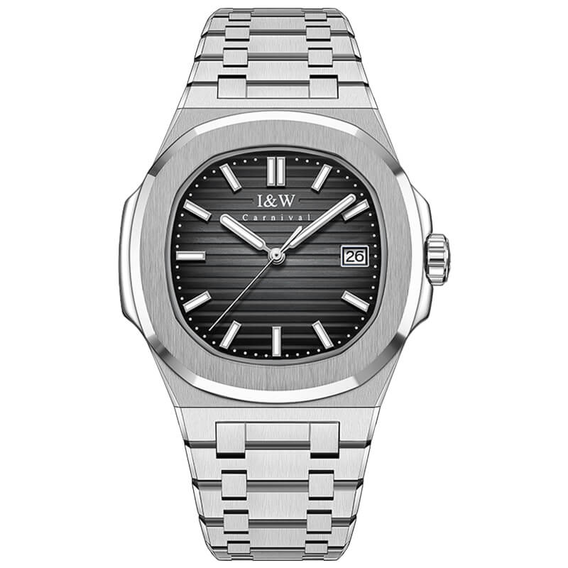 Đồng hồ nam chính hãng I&amp;W Carnival 721G1-T2 kính sapphire,chống xước,chống nước 50m,Bảo hành dài hạn,máy cơ (automatic),mặt đen viền trơn dây thép không gỉ