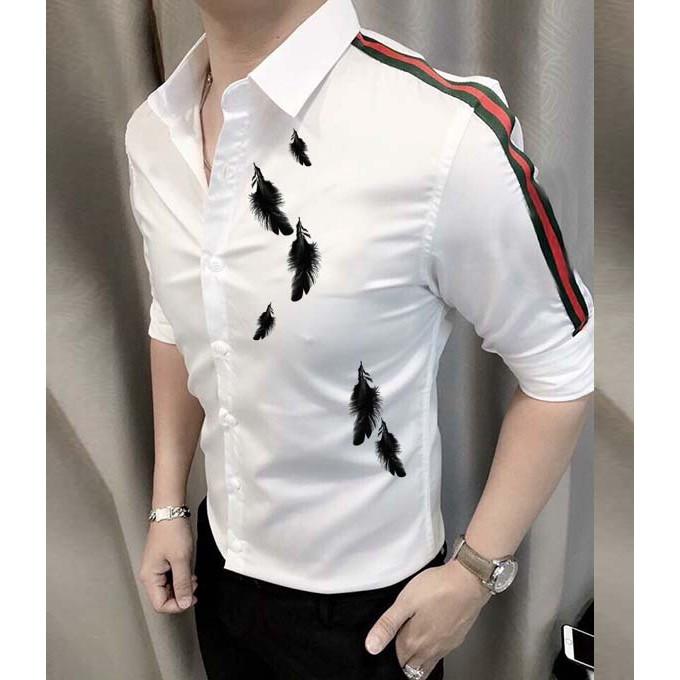Áo Sơ Mi Nam Viền Tay Họa Tiết Lông Chim Cao Cấp