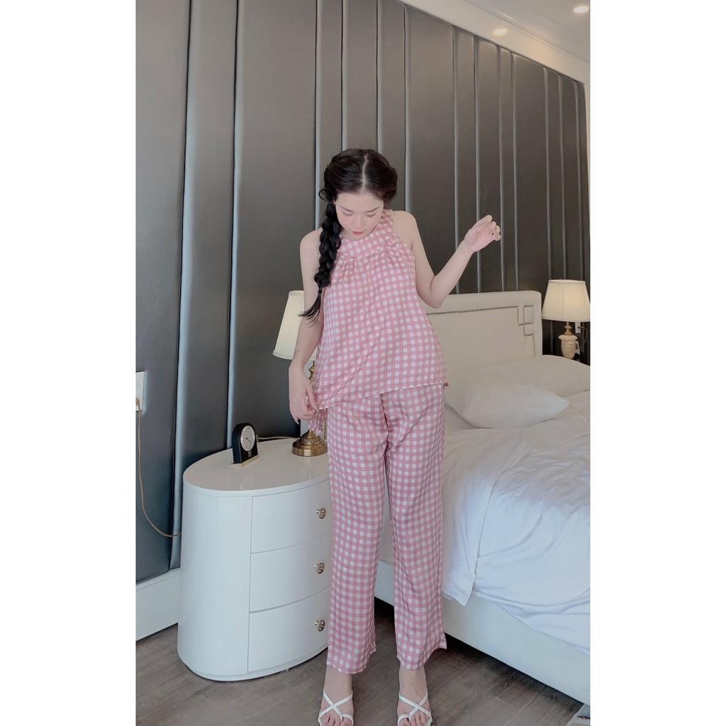 Pijama cổ yếm lụa latin quần dài - Đồ ngủ nữ lụa Latin loại 1 cao cấp không nhăn (ẢNH THẬT CỦA SHOP