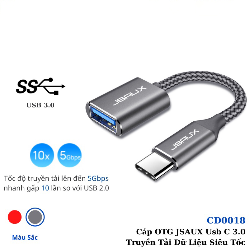 Cáp Chuyển Đổi Type C Sang Usb 3.0 Cao Cấp CD0019 JSAUX - Cho Điện Macbook, Điện thoại Samsung, Oppo, Huewei...Cáp OTG - Hàng chính hãng